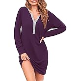 Ekouaer Women's Nightshirt Long Sleeve Button Down Nightgown V-Neck Sleepwear Casual Pajama Dress