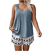 SOLY HUX Women's Plus Size Summer Vacation Outfits Sleeveless Tank Top and Printed Shorts 2 Piece Set