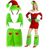 Hiwtonk 3PCS Christmas Big Monster Santa Costume, Green Monster Fuzzy Faux Leg Warmers Furry Hand Gloves Furry Headband for Adult Halloween Christmas Cosplay Costume Party