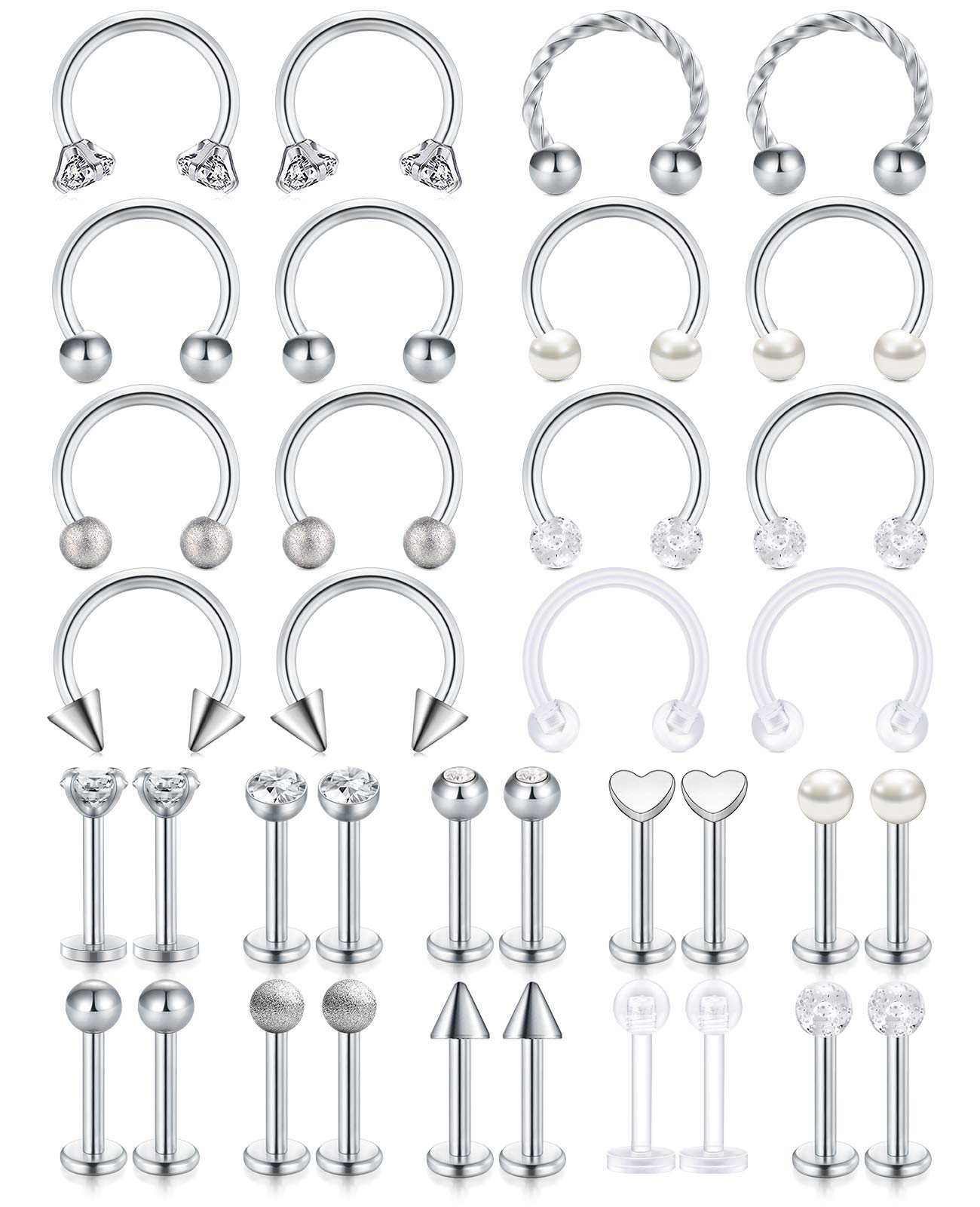 AceFun 16g Lip Piercing bar Septum Piercing Helix Tragus Cartilage Ring Silver Horseshoe Labret Monroe Lip Rings Nail Tragus Helix Earrings Studs Ring Medusa Piercing Jewelry 8mm 36PCS