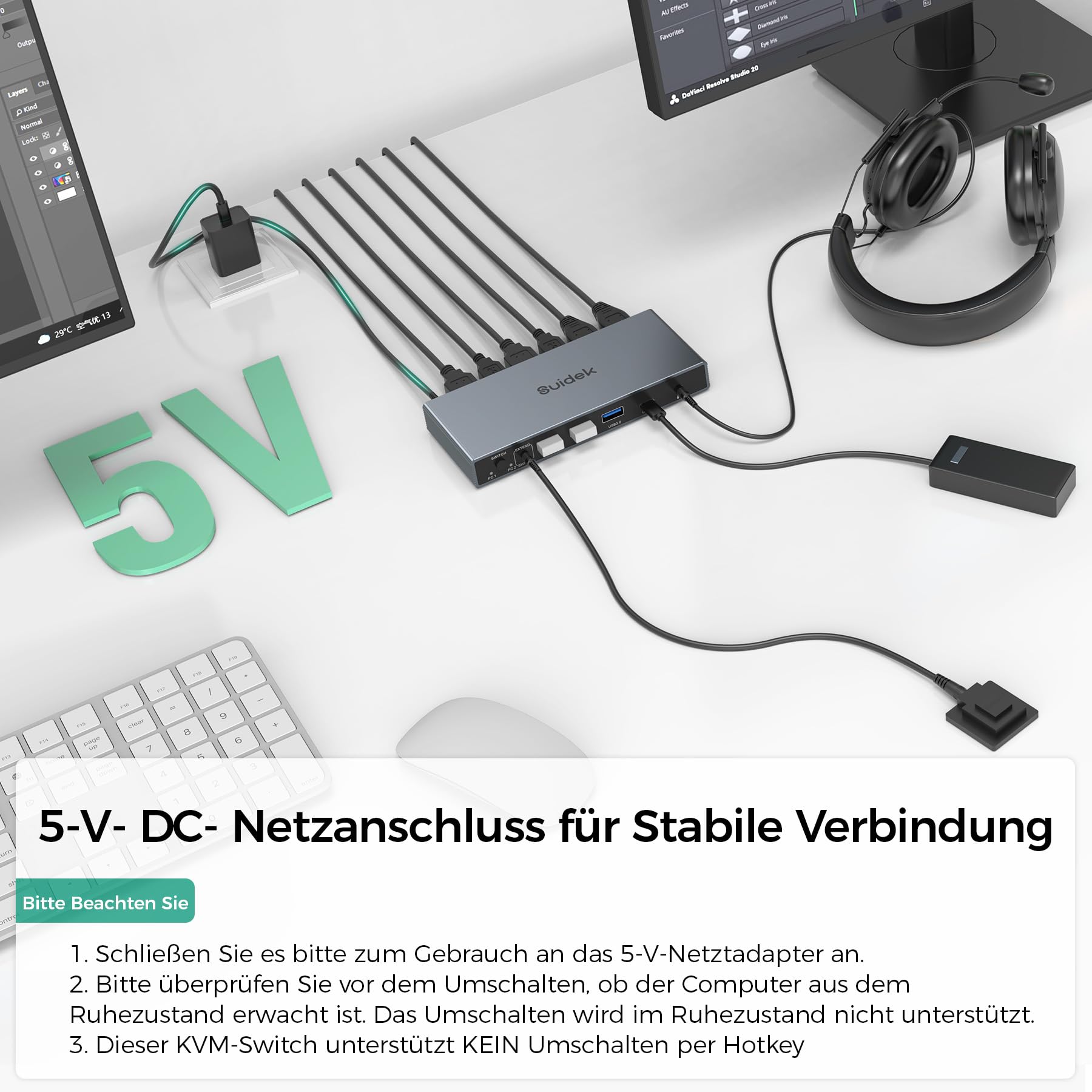 SUIDEK Displayport KVM Switch 2 Monitore 2 Computer, DP In HDMI Out 4K@60Hz KVM-Umschalter mit 4 USB- Ports für 2 DP-Computer teilen sich 2 HDMI-Monitore, inklusive Desktop-Controller und 5V-Netzteil 7