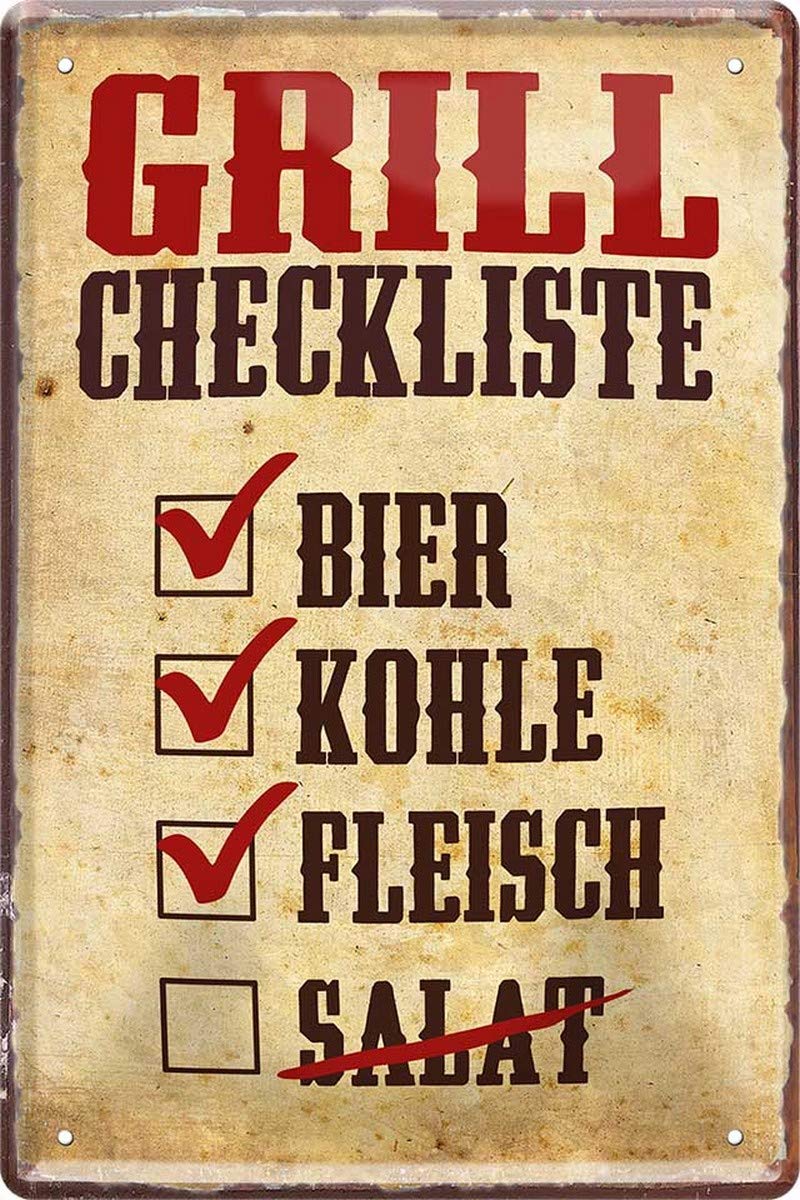 N / A Grill Checklist: Beer, Coal, Meat. 20 x 30 cm Decorative Metal Sign Tin Saying 571