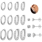 BYARLEO 9 Pairs Small Silver Huggie Hoop Earrings Set for Women,Surgical Steel Hypoallergenic Cubic Zirconia Stud Earrings Cartilage Multiple Piercing for Women