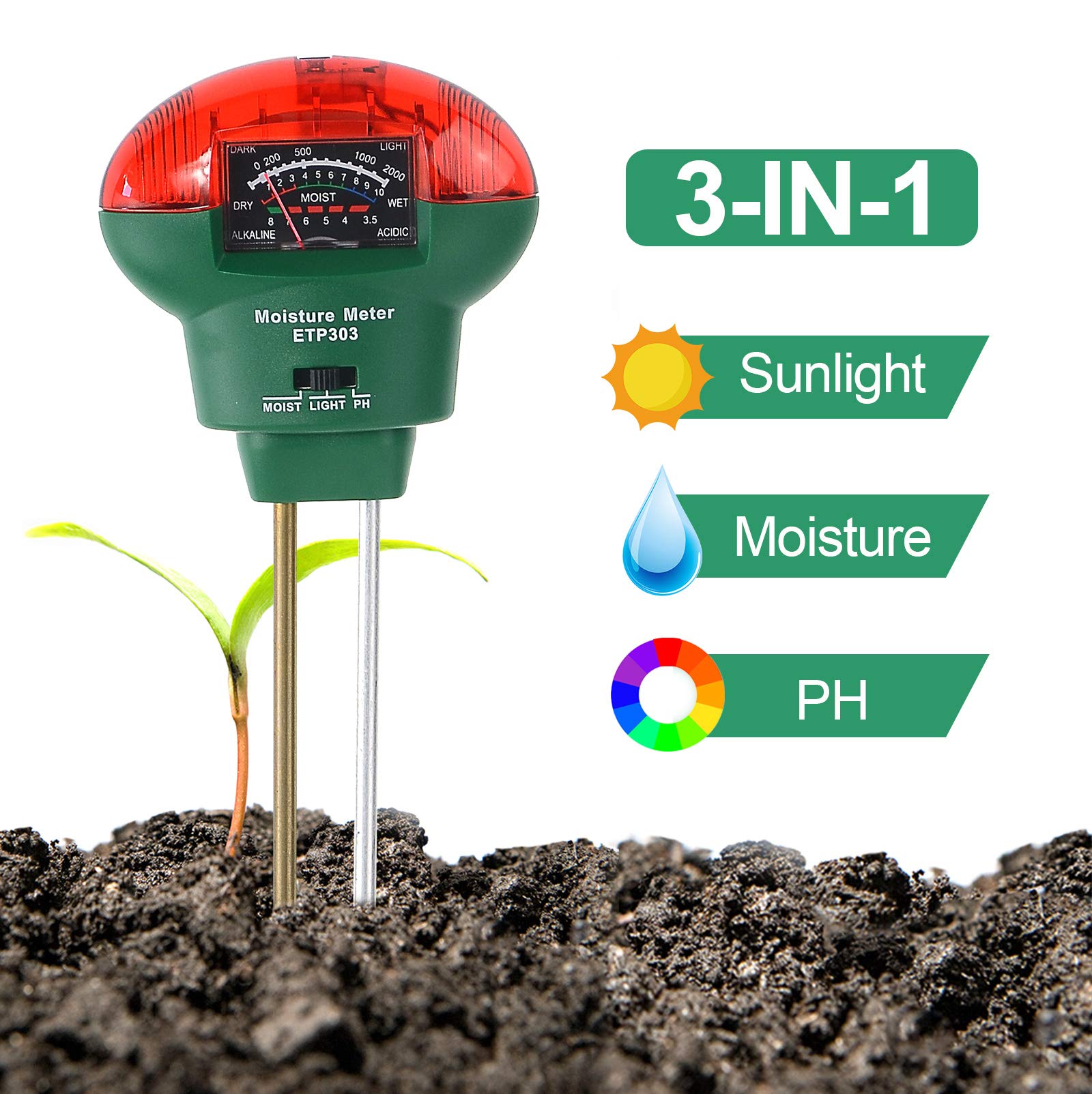 ALLOSUN Soil PH Meter Moist Meter Light Tester Garden Farming Tool