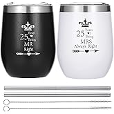 HLIKEM Pack Of 2 Wine Tumbler 25 Years Mr Right Mrs Always Right 25h Wedding Engagement Anniversary Cups for Couple Parents Stainless Steel Insulated Wine Glass with Straws and Brush