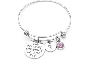 LIUANAN Stainless Steel Inspirational Encouragement Bracelet She Believed She Could So She Did Expandable Bangle Birthstone Charm Cuff Bracelet
