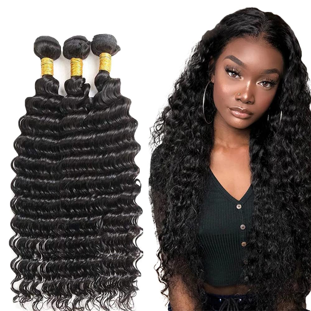 Photo 1 of 1B Natural Black Deep Wave Human Hair Bundles Unprocessed Brazilian Virgin 3 Bundles 26 28 30 Inch Black Deep Curly Bundle Human Hair Extensions 50 Gram Per Bundle