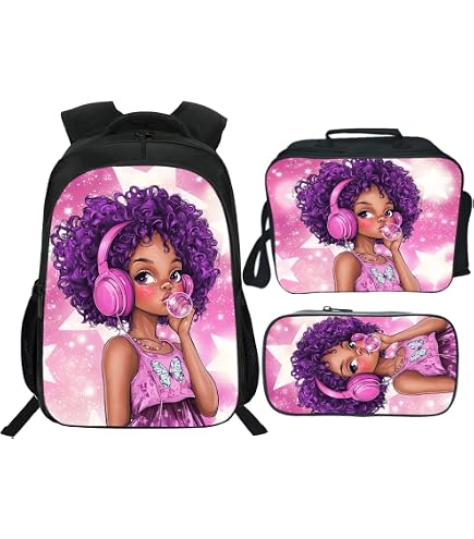 YECARYPOD Black Girl Backpack for Girls Age 6-8 Kids Backpacks with Water Bottle Sleeve Preschool Kindergarten Bookbag Cute School Backpack with Lunchbox and Pencil Case for Elementary Students