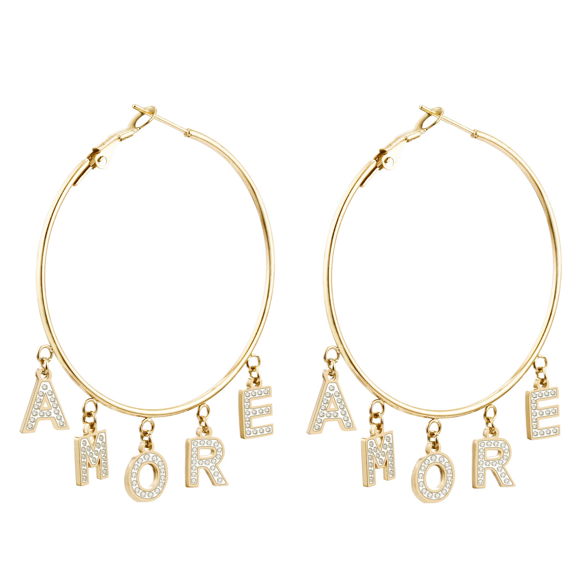PengJin Gold Hoop Earrings for Women, Women Stainless Steel Letter Pendant Earrings Embedded in Shiny Cubic Zircons
