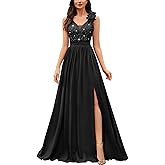 Miusol Women's Vintage V-Neck Sleeveless Sequined Split Formal Evening Maxi Dress