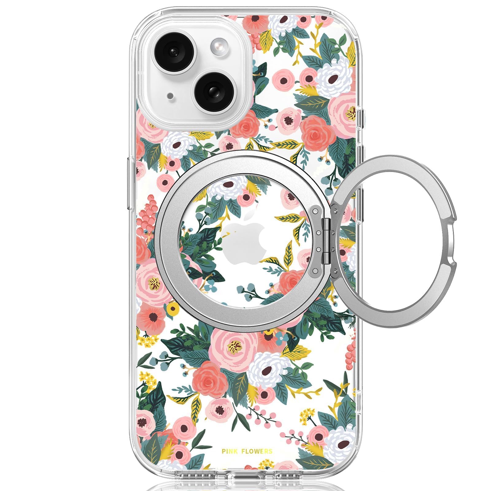 Photo 1 of for iPhone 15 Case with MagSafe Stand Ring for Women, Cute Spring Floral Design with 360° Kickstand Holder Magnetic Shock Proof Heavy-Duty Protection Pink Flower