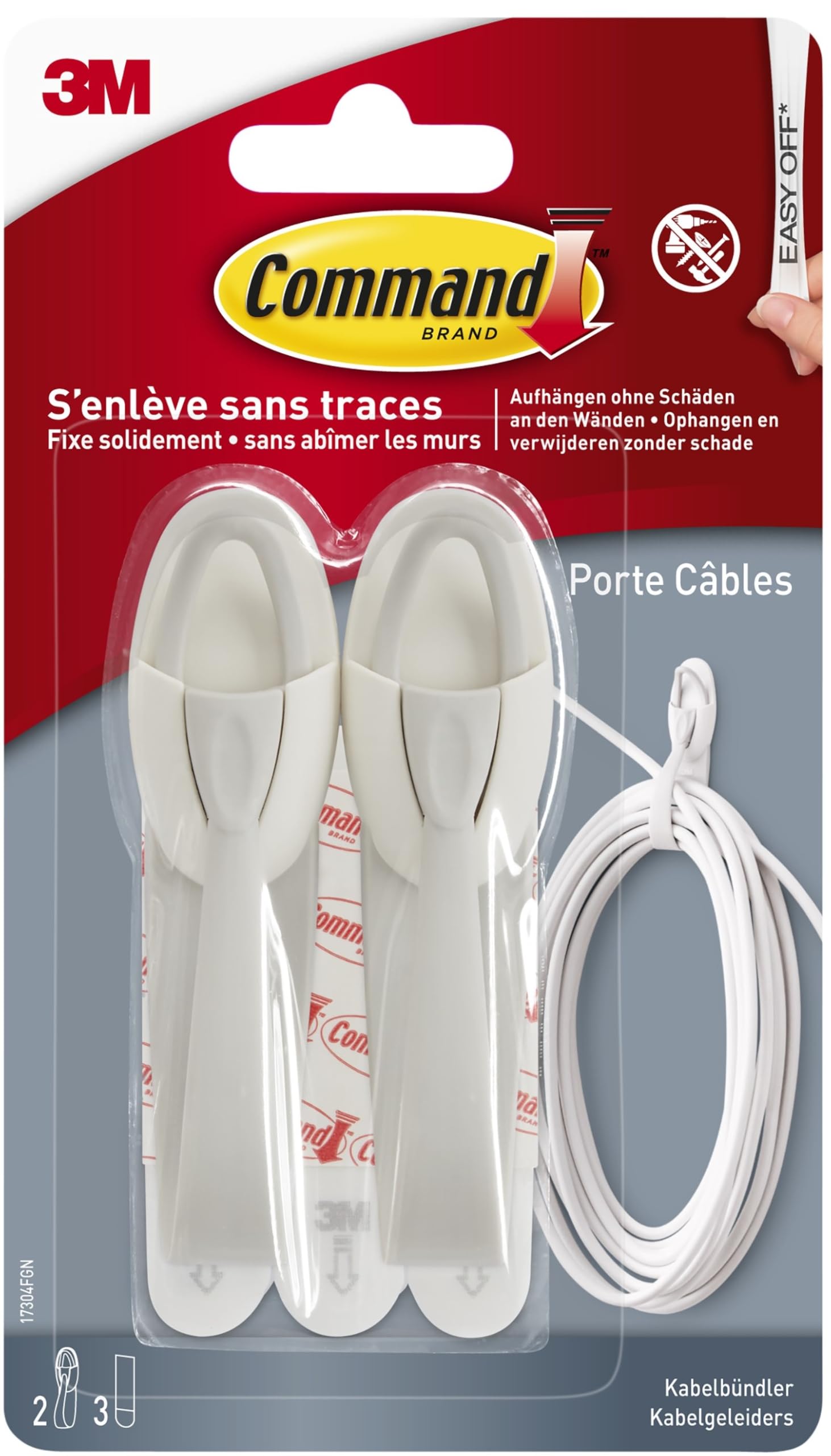 Command 17304 Cable Hangers (2 Plastic Hooks, Medium, Up to 1kg) 2 Hook and 2 Strips, White Medium White