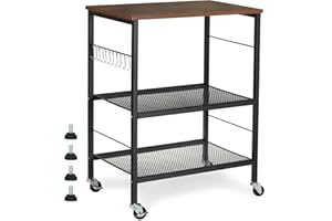 BTY Microwave Oven Stand, Kitchen Baker's Rack 3-Tier Mesh Kitchen Storage Cart with Metal Frame Industrial Wood Accent Furniture for Living Room, Bedroom, Kitchen Rustic Brown