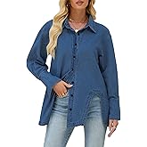 Kedera Womens Button Down Denim Shirts Casual Long Sleeve Jean Shacket Jacket Oversized Chambray Blouse Top