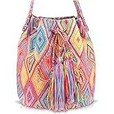 Canvas Crossbody Bags for Women, Tassels Drawstring Bucket Bag, Bohemian Handbag, Colorful plaid Tote Bag Large Capacity Travel Shoulder Bag