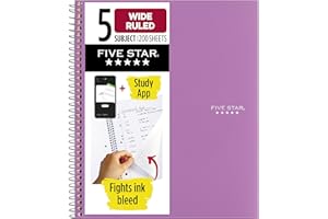Five Star Spiral Notebook + Study App, 5 Subject, Wide Ruled Paper, 8" x 10-1/2", 200 Sheets, Fights Ink Bleed, Water Resistant Cover, Amethyst Purple (38739)