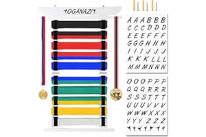 OGANAZI 10 Belts Karate Belt Display Rack with Personalized Stickers, Taekwondo Belt Display Holder with Side Medal Rack Elastic Band Martial Arts Belts Organizer for Taekwondo Karate BJJ Gifts