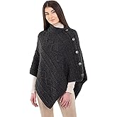 SAOL Wool Women's Poncho with Celtic Buttons Cable Knit Cardigan Cowl Neck Cape