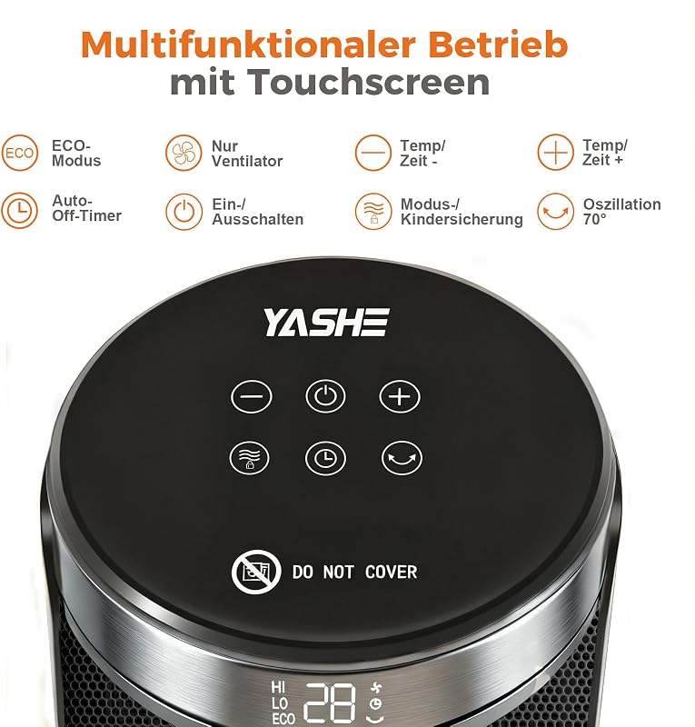 Heizlüfter 1500W/750W, 34 dB leise, PTC-Keramik, Thermostat 5–36 °C (±1°), 70° Oszillation, 24 h Timer, ECO/HI/LOW/FAN, Fernbedienung, Kippschutz, Überhitzungsschutz, V0, für Schlafzimmer