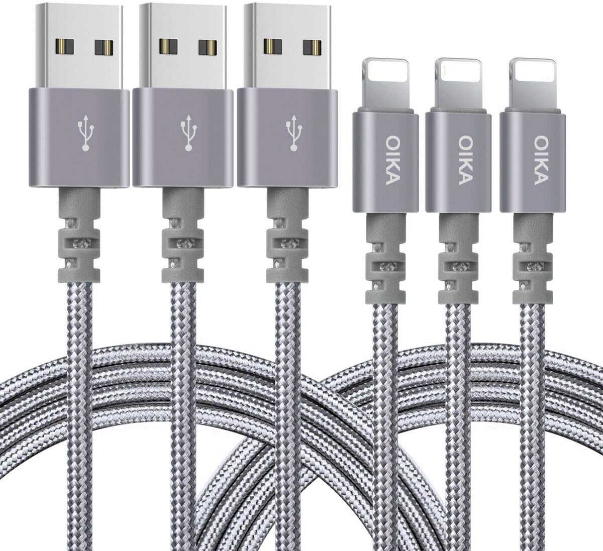 Phone Charger, OIKA 3 Pack 6FT Extra Long Nylon Braided Charging Cord,Grey