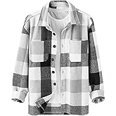ZAFUL Men's Plaids Shirt Long Sleeve Button Down Lightweight Flannel Jacket Wool Blend Shacket Casual Shirts with Pockets
