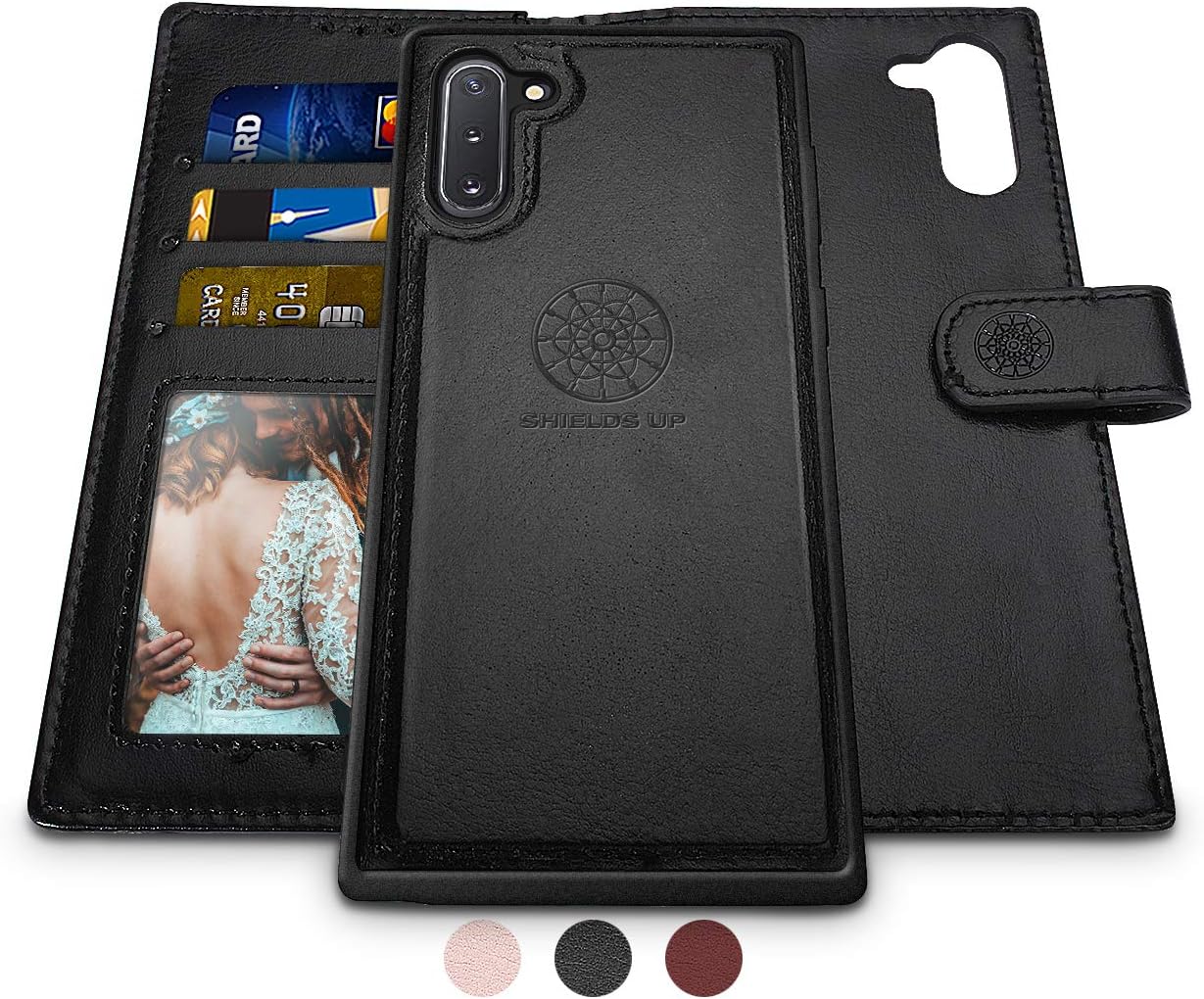 Shields Up Galaxy Note 10 Wallet Case, [Detachable] Magnetic Wallet Case, Durable and Slim, Lightweight with Card/Cash Slots, Wrist Strap, [Vegan Leather] Cover for Samsung Galaxy Note 10 -Black