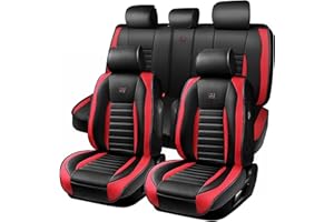 CAR PASS Nappa Leather Car Seat Covers Full Set, Luxury Seat Protector for Cars, Waterproof Anti-Slip Seat Cushion Armrest Compatible Airbag Universal for Sedan SUV Pick-up Truck Auto, Black Red