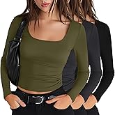 Riyiper 3 Pack Women's Long Sleeve Crop Tops, Square Neck Workout Shirts Tees Going Out Y2k Tops Basic Slim Fitted Base Layer