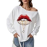 SweatyRocks Women's Off the Shoulder Graphic Sweatshirts Casual Long Sleeve Pullover Tops