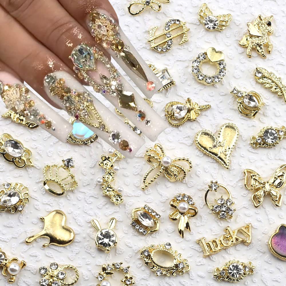 Photo 1 of 30pcs Random Gold Nail Charms Luxury Zircon Nail Rhinestones 3D Alloy Flower Butterfly Nail Art Charms Metal Snake Rabbit Heart Charms for Nails Mix Styles Nail Gems Nail Jewels for Nail Art Supplies