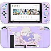 GamePals Cute Protective Shell for Switch, Soft Dockable Case for Nintendo Switch Console and Joycon with 2 Thumb Grips, Anti-Scratch Slim Cover, Sakura Cat (Purple)