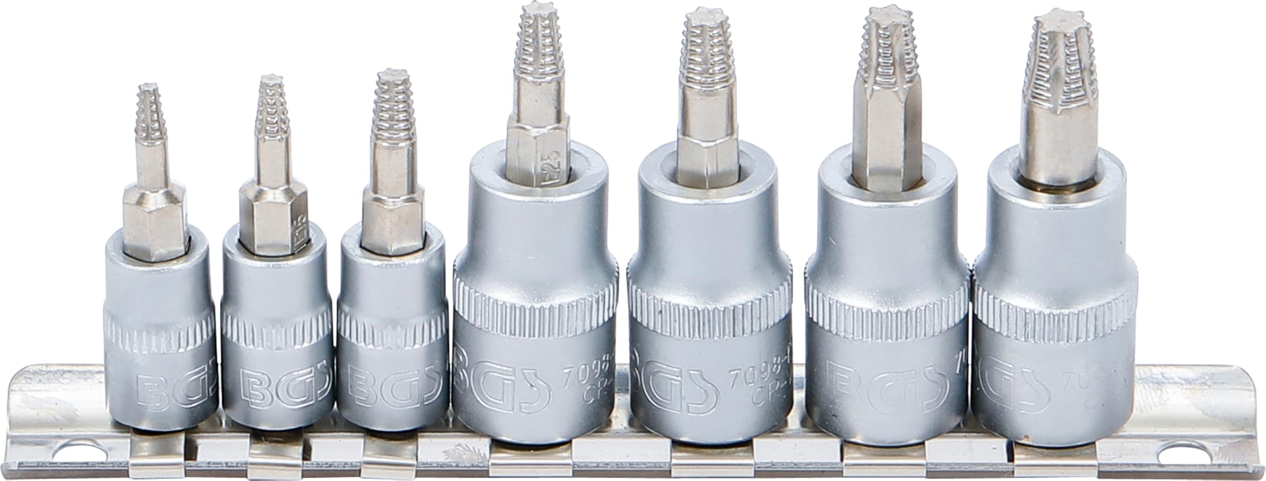 BGS 7098 | Screw Extractor Bit Socket Set | 6.3 mm (1/4") / 10 mm (3/8") Drive | for damaged T-Star (for Torx) T10 - T40 | 7 pcs.