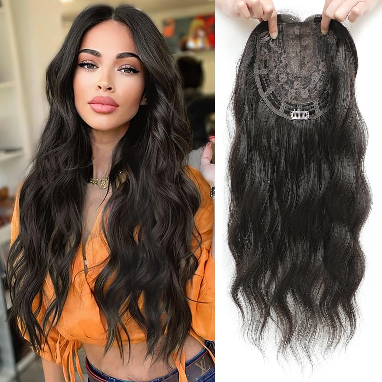 VEGALILY 20inch Hair Topper, 7x7" Base Size Wavy Hair Topper for Women, Brown Black Hair Toppers for Thinning Hair, Handmade Natural Hairline Hair Toppers Fake Hair Pieces for Women