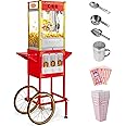 ROVSUN Popcorn Machine Movie Theater Style with Cart & Wheels, 8 Ounce Kettle Makes Up to 32 Cups Popcorn Maker with Candy Dispensers Scoop Oil Spoon & 3 Popcorn Cups for Commercial Home, 850W, Red