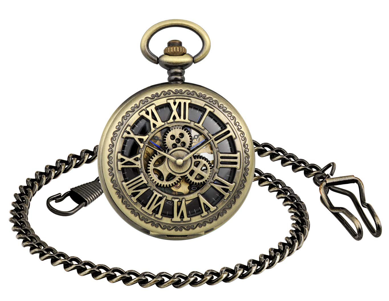 MICGIGI-Unisex Mechanical Hand-Wind Pocket Watch Gear Skeleton Pocket Fob Watches with Chain