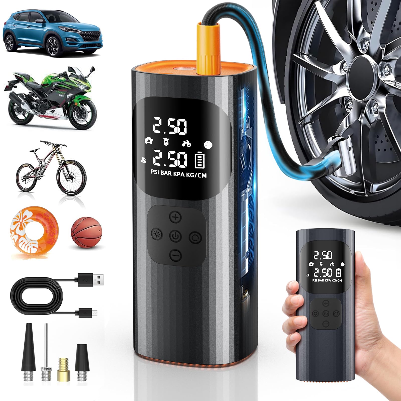 Photo 1 of NHOWIN Tire Inflator Portable Air Compressor, 150PSI Cordless Air Pump for Car Tires with Auto Shut-Off Function and Real-Time Accurate Pressure Measurement, Bike Pump for Car, Motorcycle, Bike, Ball
