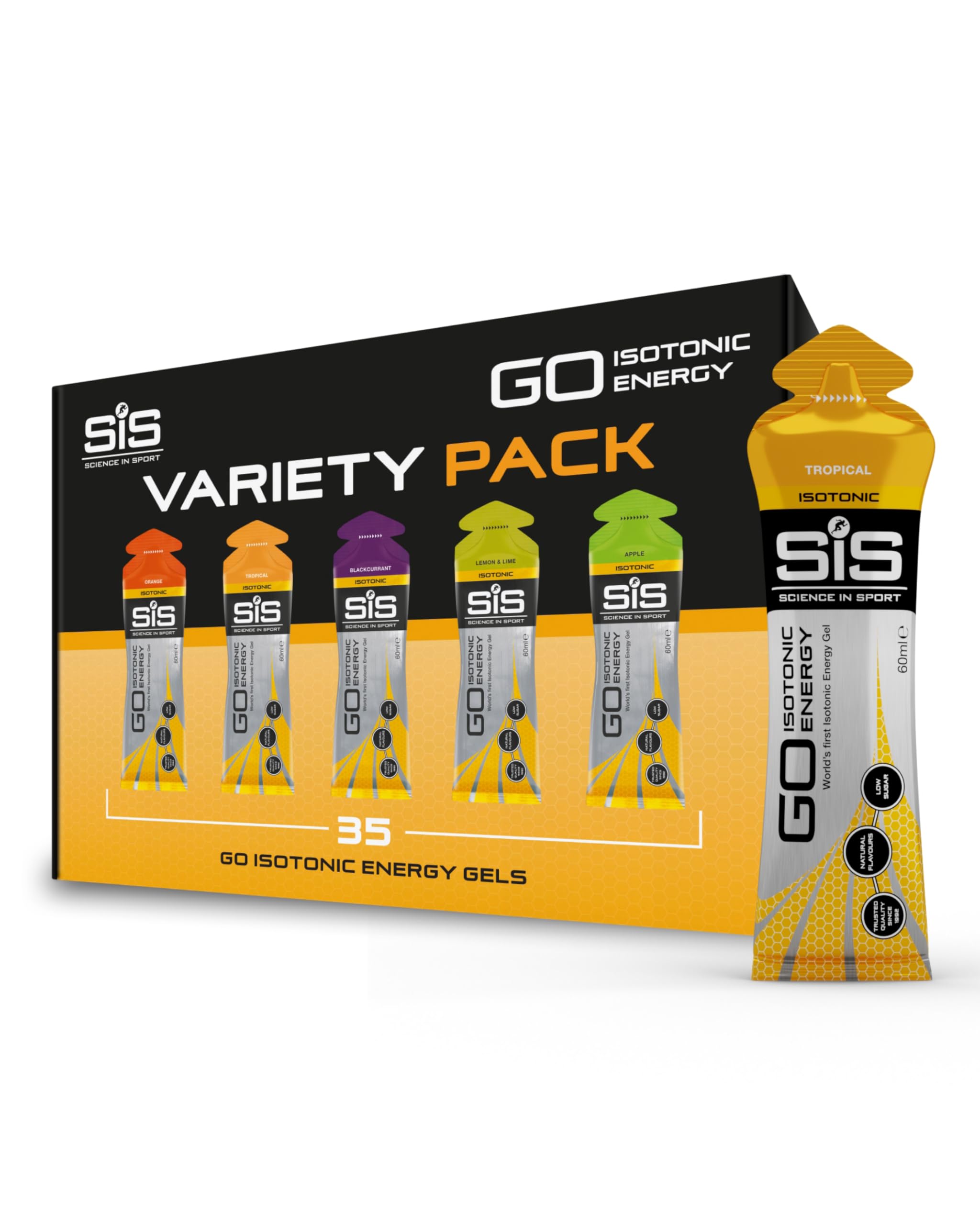 Science In Sport GO Isotonic Energy Gels, Running Gels with 22g Carbohydrates, Low Sugar, Variety Pack of Assorted Flavours, 60ml Per Serving (35 Pack)