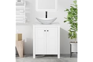 SOLIDEE 24 Inch White Bathroom Vanity with Marble Texture Top, Traditional Standing Pedestal Cabinet with Marble Boat Ceramic Sink