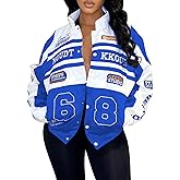 KANSOON Varsity Jacket Women Motorcycle Racer Detachable Letter Graphic Jackets Vintage Color Block Baseball Coat