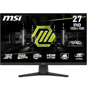 MSI MAG 272F Monitor Gaming 27″, FHD 1920×1080, 200Hz, 0,5ms, HDR Ready, AMD FreeSync Premium, Eye Care, AI Vision, HDMI 2.0b, DP 1.2a, Supporto Regolabile in Inclinazione, Montaggio VESA, Nero