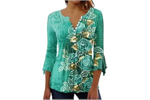 FLEKMANART Ladies Floral Printing 3/4 Sleeve Blouses V-Neck Short Sleeve Button Down T-Shirt Summer Casual Tunic Tops