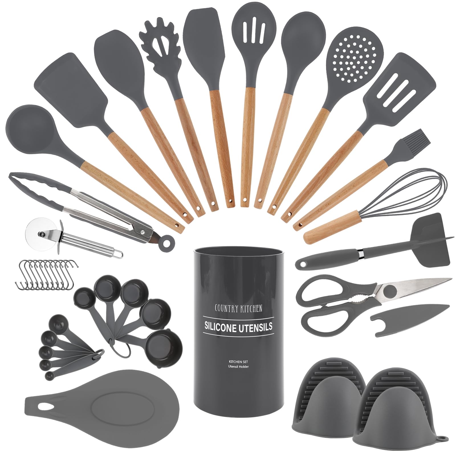 Country Kitchen Non Stick Silicone Utensil Set with Rounded Wood Handles for Cooking and Baking, 38 Piece Set, Gray Image