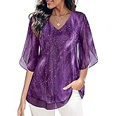 SeSe Code Womens Ruffle 3/4 Sleeve Mesh Blouses Loose Flowy Tops Stretchy Shirts