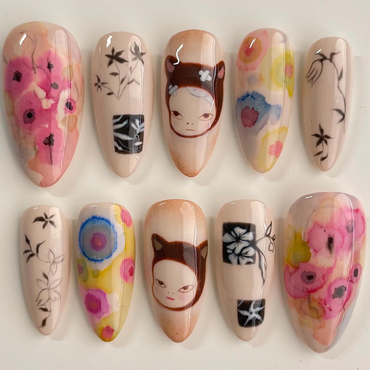 RIICFDD Cute Nails Almond Shape Press on Nails Medium Fake Nails Colorful Floral Acrylic Nails Cute Baby Nails Press ons Full Cover Glossy Glue on Nails for Women Nail Decoration 24 Pcs