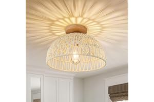 OCWHT Boho Ceiling Light Fixture Rattan Flush Mount Ceiling Light Bedroom Chandelier Hand-Woven Lamp Shade Wooden Base Small Chandelier Boho Ceiling Lamp for Hallway Nursery Kitchen