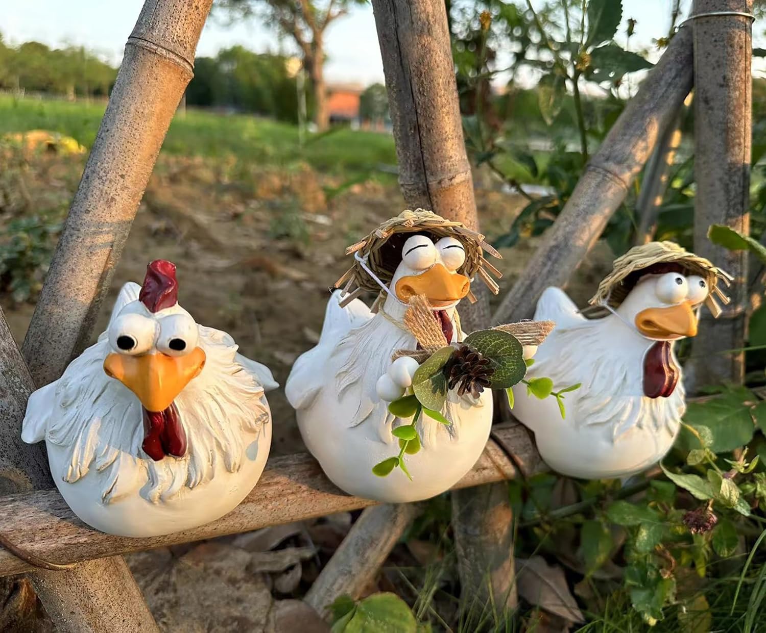 Photo 1 of Noegrus 3Pcs Chicken Fence Decor, Funny Farm Sculpture Chicken Decor, Cute Chicken Sculpture, Resin Chicken Figurines, Animal Outdoor Statues for Home Garden Stairs, Farm, Patio, Backyard