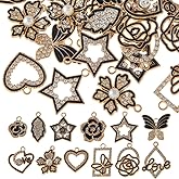DICOSMETIC 48Pcs 12 Styles Black Gold Valentines Day Charm Love Heart Leaf Flower Butterfly Star Rhinestones Charms Alloy Enamel Rhinestone Pendants for Necklace Bracelet Jewelry Making