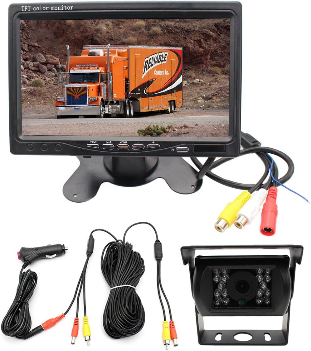 Integrated Installation Vehicle Wired Backup Camera and 7" Rear View TFT LCD Color Monitor Kit for Bus/Van / Caravan/Trailer / Truck/RV / Camper/Farm Machine/Motorhomee