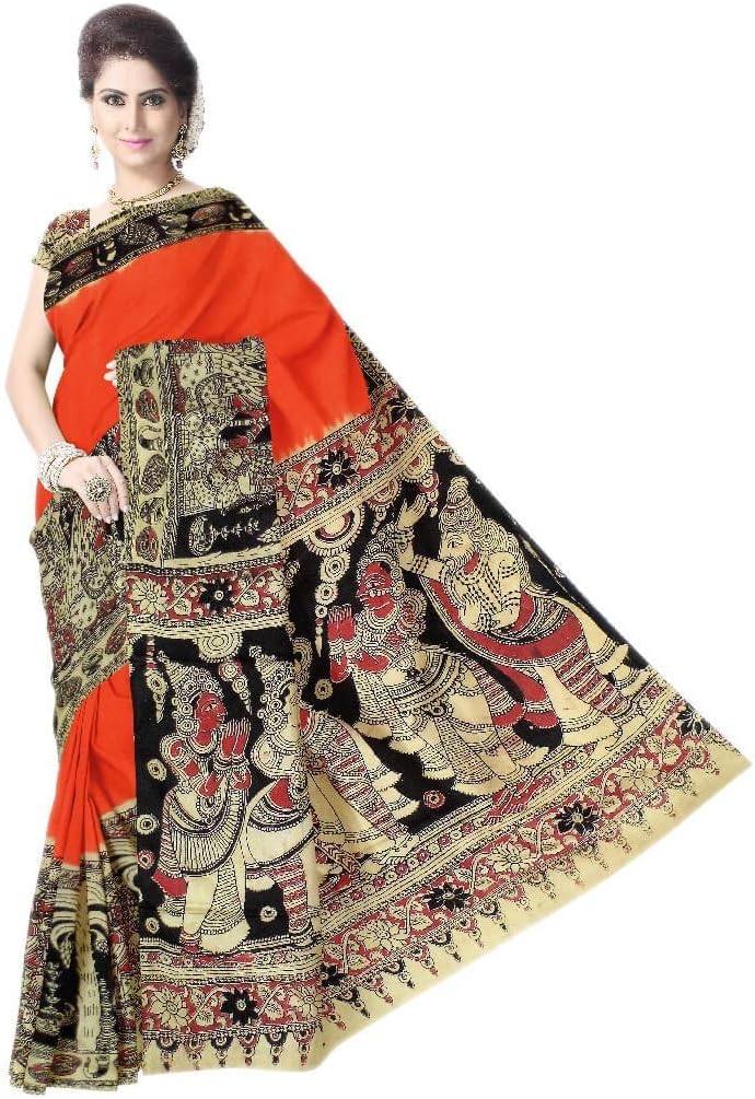 GiftPiper Women's Kalamkari Hand Block Print Cotton Silk Saree