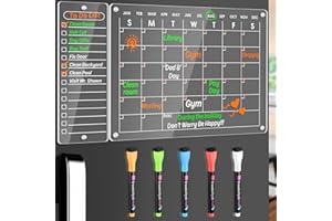 KAQUBE Acrylic Magnetic Monthly and to DO List for Fridge, Magnetic Acrylic Calendar w/5 Dry Erase Markers, Reusable Clear Fridge Calendar, Dry Erase to Do List for Meal/Cleaning/Shopping (16"x12"+4"x12")